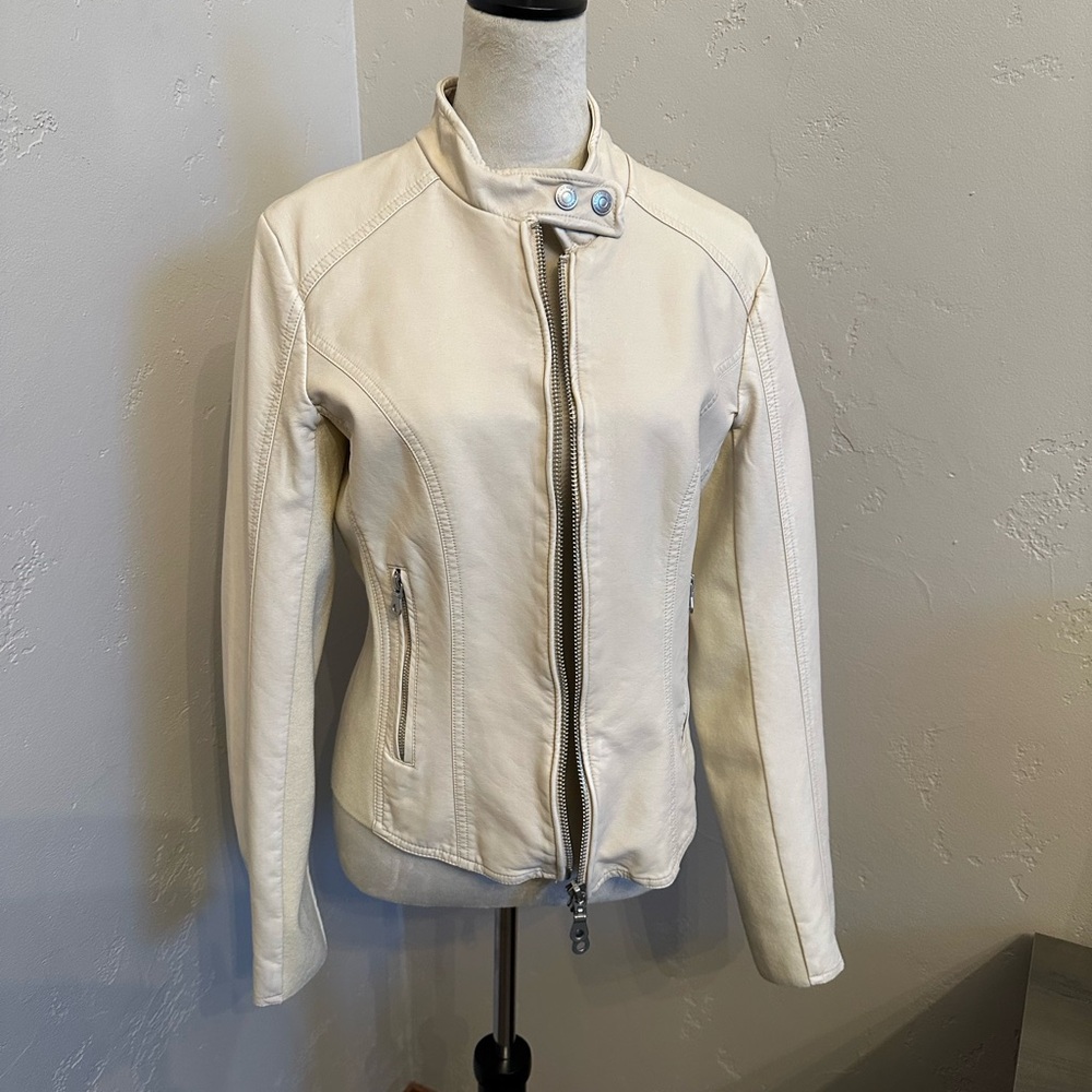 We The Free Cream Leather Moto Jacket